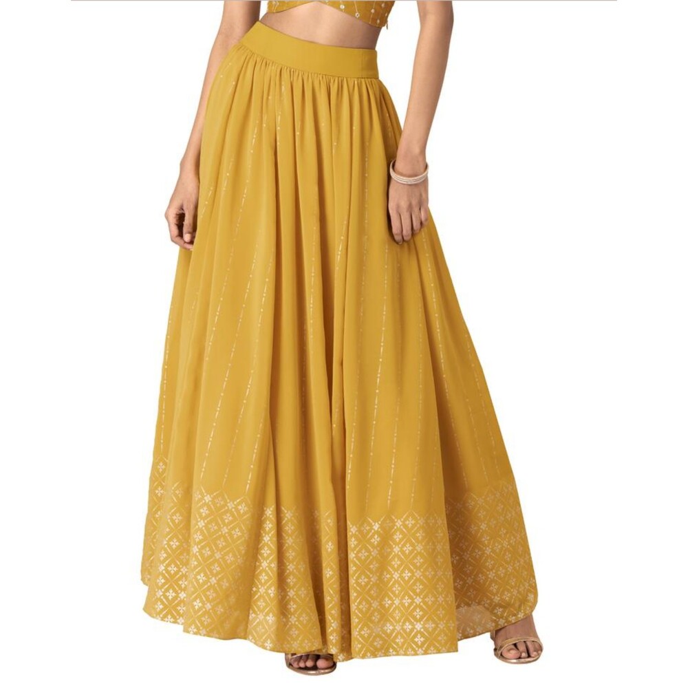 House of Indya Full Length Lined Skirt Yellow Golden Foiled Size XL